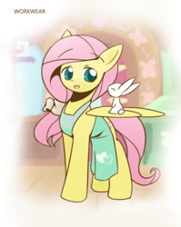 Size: 860x1080 | Tagged: safe, artist:howxu, angel bunny, fluttershy, pegasus, pony, alternate hairstyle, anime, apron, clothes, cropped, cute, female, fluttershy's cottage, shyabetes, solo