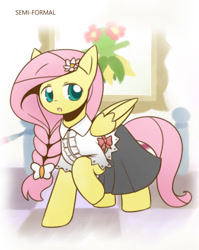 Size: 860x1080 | Tagged: safe, artist:howxu, fluttershy, pegasus, pony, alternate hairstyle, apron, bellossom, clothes, cropped, cute, dress, female, pokémon, pokémon gold and silver, shyabetes, solo