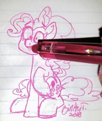 Size: 1615x1907 | Tagged: safe, artist:binkyt11, derpibooru exclusive, pinkie pie, pony, abuse, eraser, erasing, i have no mouth and i must scream, lined paper, pen, pen drawing, pinkiebuse, sad, solo, traditional art