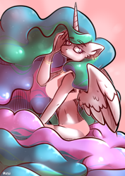 Size: 2480x3508 | Tagged: safe, artist:lrusu, princess celestia, anthro, breasts, clothes, looking at you, looking back, looking back at you, sitting, underwear