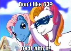 Size: 500x360 | Tagged: safe, edit, edited screencap, screencap, minty, sunny daze (g3), earth pony, pony, a very minty christmas, g3, deal with it, duo, duo female, female, image macro, mare, sunglasses