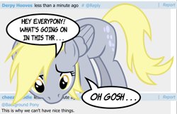 Size: 644x417 | Tagged: safe, derpy hooves, pegasus, pony, breaking the fourth wall, cheezedoodle, derpibooru, female, fourth wall, mare, meta, reaction image, solo, speech bubble, vector, what's going on in this thread