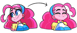 Size: 2015x873 | Tagged: safe, artist:sourspot, pinkie pie, equestria girls, bust, cute, diapinkes, ear piercing, eyes closed, hairband, piercing, sideways glance, simple background, smiling, solo, white background