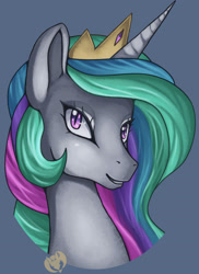 Size: 2400x3300 | Tagged: safe, artist:kenisu-of-dragons, princess celestia, alicorn, pony, beautiful, bust, crown, female, gray background, grin, jewelry, mare, multicolored mane, portrait, purple eyes, regalia, simple background, slit eyes, smiling, solo