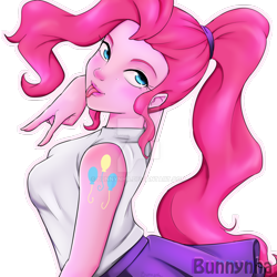 Size: 1024x1024 | Tagged: safe, artist:bunnynha, pinkie pie, human, equestria girls, beautiful, blouse, breasts, clothes, cute, female, humanized, moe, pinkie pies, pony coloring, ponytail, pose, signature, simple background, skirt, solo, tongue out, transparent background, watermark