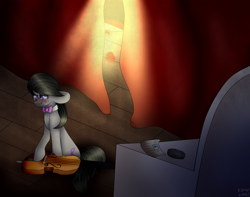 Size: 1024x805 | Tagged: safe, artist:fizzy2014, octavia melody, earth pony, pony, bowtie, cello, crying, curtain, musical instrument, solo