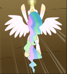 Size: 846x941 | Tagged: safe, screencap, princess celestia, alicorn, pony, between dark and dawn, cropped, flying, glowing horn, horn, rear view, solo, spread wings, wings