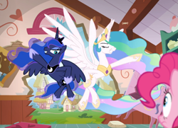 Size: 981x712 | Tagged: safe, screencap, pinkie pie, princess celestia, princess luna, alicorn, earth pony, pony, between dark and dawn, cropped, duo focus, dynamic entry, eyes closed, female, flying, heroic posing, hoof shoes, hooves on hips, jewelry, mare, peytral, regalia, smiling, spread wings, wings