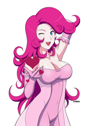 Size: 914x1280 | Tagged: safe, artist:sketchbits, pinkie pie, human, 2014, armpits, big breasts, breasts, clothes, dress, gloves, happy, heart, humanized, one eye closed, pink dress, pinkie pies, simple background, wink