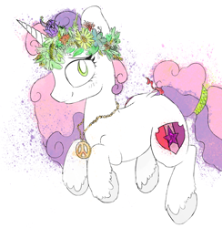 Size: 1602x1644 | Tagged: artist needed, source needed, safe, sweetie belle, pony, unicorn, cloven hooves, female, floral head wreath, flower, hippie, jewelry, looking at you, necklace, paint splatter, simple background, solo, white background