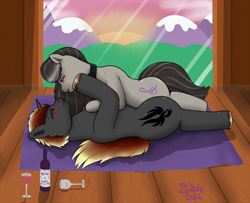 Size: 2400x1950 | Tagged: safe, artist:lazyfable, octavia melody, oc, earth pony, pony, alcohol, canon x oc, cuddling, shipping, snuggling, sunset, wine