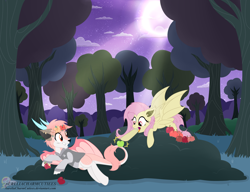 Size: 2960x2276 | Tagged: safe, artist:raspberrystudios, fluttershy, oc, bat pony, pony, apple, commission, flat color, flutterbat, food, moon, night, night sky, ponified, race swap, sky, tree