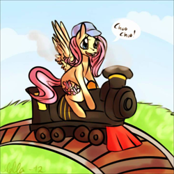 Size: 720x720 | Tagged: dead source, safe, artist:hound-fox, fluttershy, pegasus, pony, cap, clothes, cloud, cute, engine, female, grass, hat, holding, link in description, locomotive, mare, open mouth, outdoors, rail, railroad, riding, sitting, sky, smiling, solo, speech bubble, spread wings, steam, steam engine, steam locomotive, talking, train, train conductor, video link in description, wings