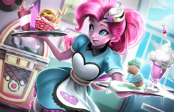 Size: 1545x1000 | Tagged: safe, artist:imdrunkontea, pinkie pie, better together, coinky-dink world, eqg summertime shorts, equestria girls, pinkie pie: snack psychic, apron, beautiful, burger, cafe, carhop, cheeseburger, clothes, cup, cupcake, cute, diapinkes, diner, dress, fast food, female, food, grin, hamburger, hat, huggable, jukebox, milkshake, record, roller skates, server pinkie pie, sideways glance, smiling, soda, solo, straw, waitress