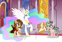 Size: 1285x880 | Tagged: safe, artist:unoriginai, princess celestia, oc, oc:bookmark, oc:fairytale ending, alicorn, pony, blushing, canon x oc, canterlot castle, clothes, cute, dress, family, female, lesbian, magical lesbian spawn, mother and child, mother and daughter, offspring, origiverse, parent and child, parent:oc:bookmark, parent:princess celestia, parents:canon x oc, story in the source, teenager