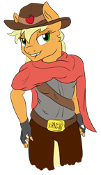 Size: 1077x1860 | Tagged: safe, artist:theshadowstone, applejack, anthro, clothes, costume, cowboy hat, female, freckles, hat, haystick, jesse mccree, mccreejack, overwatch, pants, simple background, solo, transparent background