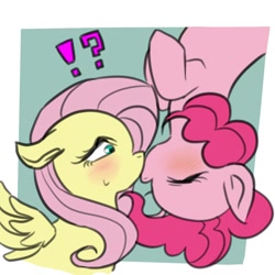 Size: 1000x1000 | Tagged: safe, artist:raika0306, fluttershy, pinkie pie, earth pony, pegasus, pony, exclamation point, female, flutterpie, interrobang, kissing, lesbian, mare, question mark, shipping, upside down