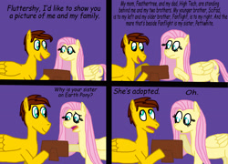 Size: 3474x2502 | Tagged: safe, artist:sb1991, fluttershy, oc, oc:fan flight, oc:feather tree, oc:film reel, oc:high tech, oc:pettiwhite, oc:sci-fad, pegasus, pony, comic, dialogue, family photo, picture frame