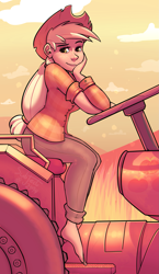 Size: 1089x1875 | Tagged: safe, artist:subjectnumber2394, applejack, human, barefoot, clothes, feet, female, humanized, looking at you, pants, shirt, solo, tractor