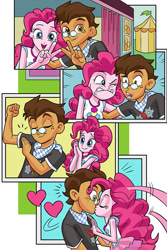 Size: 570x851 | Tagged: safe, artist:art-2u, pinkie pie, oc, oc:copper plume, comic:the copperpie chronicles, better together, equestria girls, canon x oc, carnival, clothes, comic, commissioner:imperfectxiii, copperpie, cute, faic, female, freckles, geode of sugar bombs, glasses, heart, kissing, magical geodes, male, neckerchief, peace sign, photo booth, shirt, silly, skirt, smiling, straight, surprise kiss
