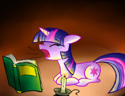 Size: 1300x1000 | Tagged: safe, artist:cyberfire22, derpibooru import, twilight sparkle, book, candle, sleepy, solo, tired, yawn