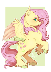 Size: 1280x1798 | Tagged: safe, artist:datasgay, artist:roscoethepotatoman, fluttershy, pegasus, pony, abstract background, colored hooves, colored wings, cutie mark, ear fluff, female, looking at you, mare, profile, rearing, smiling, solo, spread wings, wings