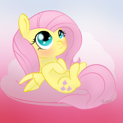 Size: 1000x1000 | Tagged: safe, artist:super4geek, fluttershy, pegasus, pony, blushing, chibi, cute, female, gradient background, mare, shyabetes, signature, solo