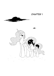 Size: 4093x5787 | Tagged: safe, artist:darkstorm mlp, princess celestia, oc, oc:wishing star, alicorn, pony, unicorn, comic:friendship reborn, monochrome