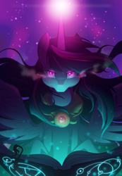 Size: 2700x3900 | Tagged: safe, artist:equestria-prevails, derpibooru import, twilight sparkle, twilight sparkle (alicorn), alicorn, pony, book, evil, female, glow, glowing eyes, looking at you, magic, solo, tyrant sparkle