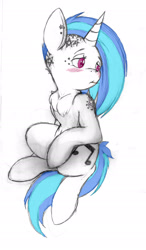 Size: 1204x2068 | Tagged: safe, artist:tilly-towell, dj pon-3, vinyl scratch, pony, unicorn, alternate hairstyle, blushing, chest fluff, ear piercing, earring, piercing, solo, tattoo, undercut