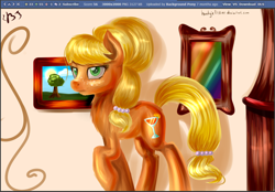 Size: 1288x899 | Tagged: safe, artist:budgieflitter, derpibooru import, applejack, earth pony, pony, alternate hairstyle, alternate universe, anti-downvote, chest fluff, derpibooru, error, fluffy, meta, orangejack, painting, pose, raised hoof, solo