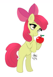 Size: 900x1300 | Tagged: safe, artist:joakaha, apple bloom, pony, apple, bipedal, food, simple background, solo, white background