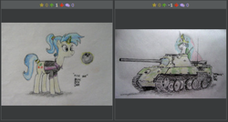 Size: 513x275 | Tagged: safe, artist:blueboxdave, screencap, allie way, princess celestia, alicorn, pony, bowling ball, derpibooru, exploitable meme, juxtaposition, juxtaposition win, meme, meta, princess molestia, tank (vehicle), traditional art