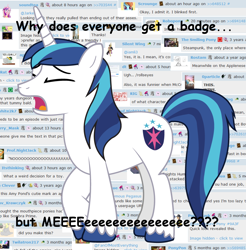 Size: 870x885 | Tagged: safe, shining armor, pony, unicorn, badge, comic sans, derpibooru, meta, silent wing, solo, text, text edit, whining armor