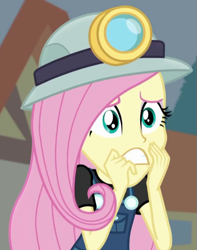 Size: 427x542 | Tagged: safe, screencap, fluttershy, better together, equestria girls, opening night, opening night: twilight sparkle, cropped, helmet, miner, mining helmet, scared, solo