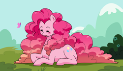 Size: 1400x810 | Tagged: safe, artist:pikokko, pinkie pie, butterfly, earth pony, pony, blushing, cute, eyes closed, female, fluffy mane, huge mane, long hair, prone, smiling, solo