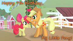 Size: 3840x2160 | Tagged: safe, artist:eagle1division, apple bloom, applejack, earth pony, pony, apple, apple bloom's bow, bow, chicken coop, duo, female, fence, filly, food, hair bow, happy birthday mlp:fim, mare, mlp fim's seventh anniversary, noogie, one eye closed, raised hoof, smiling, sweet apple acres, title drop, vector