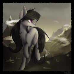 Size: 800x800 | Tagged: safe, artist:petrinox, octavia melody, earth pony, pony, cloud, looking back, missing accessory, mountain, scenery, solo