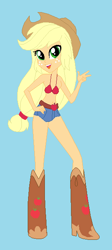 Size: 287x640 | Tagged: safe, artist:dinalfos5, applejack, equestria girls, bikini, blue background, boots, clothes, shoes, simple background, solo, swimsuit