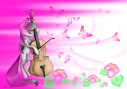 Size: 1024x718 | Tagged: safe, artist:themagicfantasy, octavia melody, butterfly, earth pony, pony, bow (instrument), cello, cello bow, flower, musical instrument, solo