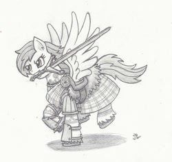 Size: 800x756 | Tagged: safe, artist:sensko, oc, oc only, pegasus, pony, black and white, claymore, grayscale, kilt, monochrome, mouth hold, pencil drawing, scottish, simple background, solo, spread wings, traditional art, unshorn fetlocks, weapon, white background