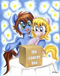 Size: 1737x2185 | Tagged: safe, artist:misschang, edit, oc, oc only, earth pony, pegasus, pony, :o, bipedal, blushing, cancer, cancer box, female, glasses, hug, mare, open mouth, smiling, the cancer box, underhoof, wide eyes