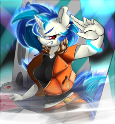 Size: 3200x3450 | Tagged: safe, artist:madacon, dj pon-3, vinyl scratch, anthro, breasts, female, solo, vinyl stacked