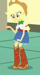 Size: 387x720 | Tagged: safe, screencap, applejack, eqg summertime shorts, equestria girls, pet project, boots, clothes, cowboy boots, cowboy hat, cropped, denim skirt, female, hat, shoes, skirt, smiling, stetson