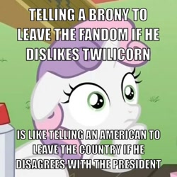 Size: 500x500 | Tagged: safe, sweetie belle, twilight sparkle, twilight sparkle (alicorn), alicorn, pony, unicorn, alicorn drama, alicorn drama drama, alicorn drama drama drama, drama, exploitable meme, female, filly, horn, image macro, meme, meta, metadrama, op has a point, solo, sudden clarity sweetie belle, text, two toned mane, white coat, wide eyes