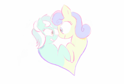 Size: 500x337 | Tagged: safe, artist:la-nina-debajo-las-escaleras, bon bon, lyra heartstrings, sweetie drops, boop, fusion, grin, heart, looking at each other, lyrabon (fusion), noseboop, simple background, smiling, white background