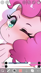 Size: 750x1334 | Tagged: safe, artist:koto, pinkie pie, earth pony, pony, female, looking at you, mare, one eye closed, solo, wink