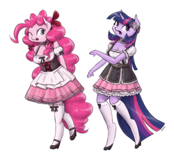 Size: 1280x1186 | Tagged: safe, artist:king-kakapo, pinkie pie, twilight sparkle, anthro, unguligrade anthro, apron, arm hooves, clothes, cloven hooves, dress, duo, duo female, female, flower, frilly dress, high heels, hoof hands, mary janes, multiple variants, ribbon, simple background, skirt, socks, stockings, unshorn fetlocks, white background