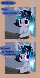 Size: 385x750 | Tagged: safe, artist:snow angel, oc, oc only, oc:starry, computer, derpibooru, meta, solo, sweatdrop