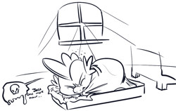 Size: 1025x649 | Tagged: safe, artist:php27, spike, dragon, male, monochrome, morning, prone, solo, waking up, window